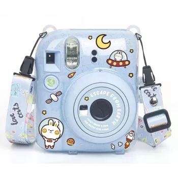 LOVEINSTANT védőtok Fujifilm Instax Mini 12-höz - Escape From Earth, kék csillogó matricákkal és fotótáskával