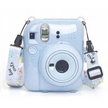 LOVEINSTANT védőtok Fujifilm Instax Mini 12-höz - Escape From Earth, kék csillogó matricákkal és fotótáskával