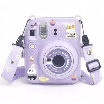 LOVEINSTANT védőtok Fujifilm Instax Mini 12-höz - Sweet Rabbit design, lila csillogó, matricákkal és fotótáskával