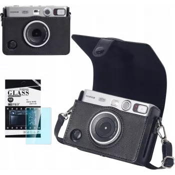 LOVEINSTANT 2 az 1-ben védőtok és edzett üveg képernyővédő készlet Fujifilm Instax Mini Evo-hoz - fekete