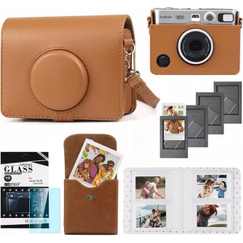 LOVEINSTANT 5 az 1-ben készlet: védőtok + edzett üveg + 64 zsebes fotóalbum + fotótasak + keretek Fuji Instax Mini Evo-hoz / barna