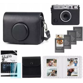 LOVEINSTANT 5 az 1-ben készlet: tok + edzett üveg + 64 zsebes album + fotótasak + keretek Fuji Instax Mini Evo-hoz / fekete