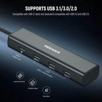 NEEWER PS020E USB-C hub 4 az 1-ben 5x USB-C 10Gbps 100W PD-vel, hidegcipő-tartóval és 1/4 inch menettel