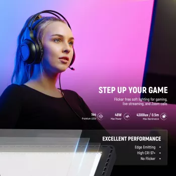NEEWER GL1C RGB LED videólámpa panel 48W állítható lámpaállvánnyal, CRI≥97, 2,4G távirányító és app vezérlés streaminghez és gaminghez