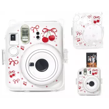 LOVEINSTANT kemény tok Fujifilm Instax Mini 12-höz - piros cseresznyemintás vállpánttal