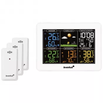Levenhuk Wezzer PLUS LP60 meteorológiai állomás színes LCD-kijelzővel, vezeték nélküli kültéri érzékelővel, hőmérséklet- és páratartalom-figyeléssel, időjárás-előrejelzéssel, ébresztőórával
