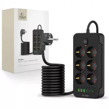 TECH-PROTECT PC6X6 elosztó 3 USB & 3 Type-C & 6 aljzat, 200 cm, fekete