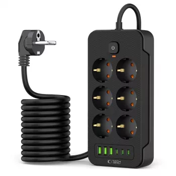 TECH-PROTECT PC6X6 elosztó 3 USB & 3 Type-C & 6 aljzat, 200 cm, fekete