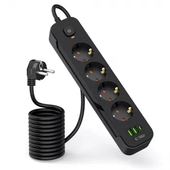 TECH-PROTECT PCL4X3 hosszú elosztó 2 USB & 1 Type-C & 4 aljzat 200cm fekete