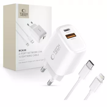 TECH-PROTECT NCA30 2 portos hálózati töltő PD 30W / QC3.0 + Lightning kábel fehér