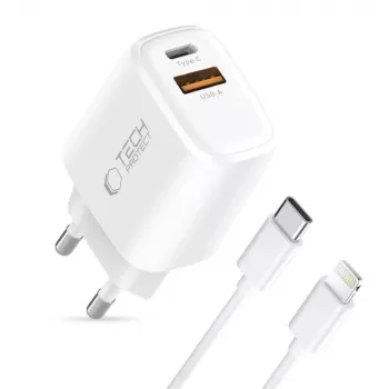 TECH-PROTECT NCA30 2 portos hálózati töltő PD 30W / QC3.0 + Lightning kábel fehér