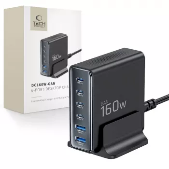 TECH-PROTECT DC160W-GAN 6 portos asztali töltő PD 160W / QC3.0, fekete