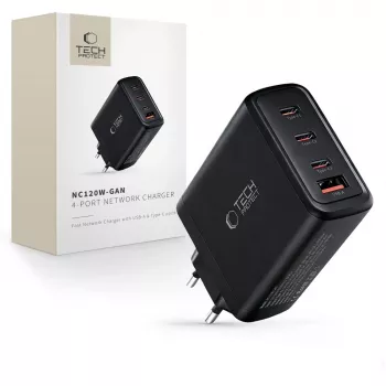 TECH-PROTECT NC120W-GAN 4 portos hálózati töltő PD 120W / QC3.0 fekete