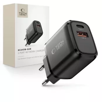 TECH-PROTECT NCA45W-GAN 2 portos hálózati töltő PD 45W / QC3.0 fekete