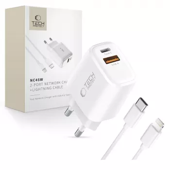 TECH-PROTECT NCA45W-GAN 2 portos hálózati töltő PD 45W / QC3.0 + Lightning-kábel fehér