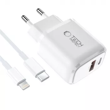 TECH-PROTECT NCA45W-GAN 2 portos hálózati töltő PD 45W / QC3.0 + Lightning-kábel fehér