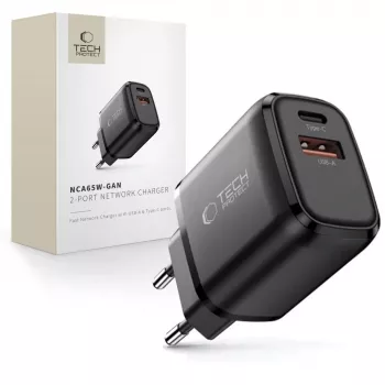 TECH-PROTECT NCA65W-GAN 2 portos hálózati töltő PD 65W / QC3.0 fekete