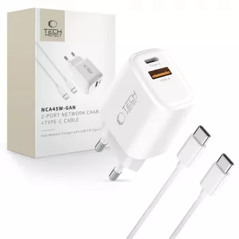 TECH-PROTECT NCA45W-GAN 2 portos hálózati töltő PD 45W / QC3.0 + USB-C kábel fehér