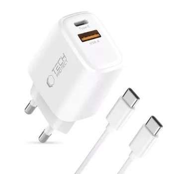TECH-PROTECT NCA45W-GAN 2 portos hálózati töltő PD 45W / QC3.0 + USB-C kábel fehér