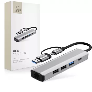 TECH-PROTECT HB03 hub adapter 5 az 1-ben Type-C + USB 2.0 + USB 3.0 + RJ45 space grey