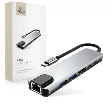 TECH-PROTECT HB02 hub adapter 6 az 1-ben USB-C + USB 2.0 + USB 3.0 + HDMI 4K 30Hz + RJ45 + PD 100W space grey