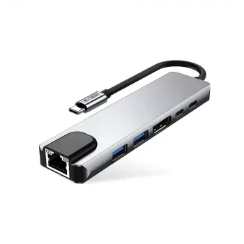 TECH-PROTECT HB02 hub adapter 6 az 1-ben USB-C + USB 2.0 + USB 3.0 + HDMI 4K 30Hz + RJ45 + PD 100W space grey