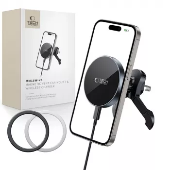 TECH-PROTECT MM15W-V5 mágneses MagSafe stabil szellőzőtartó vezeték nélküli töltő 15W, fekete/fekete