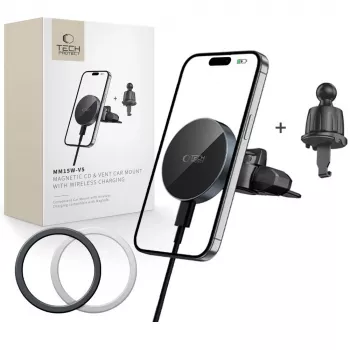 TECH-PROTECT MM15W-V5 mágneses MagSafe CD- és szellőzőtartó autóhoz, vezeték nélküli töltő 15 W fekete