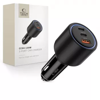 TECH-PROTECT CC04 3 portos autós töltő PD 130W, fekete