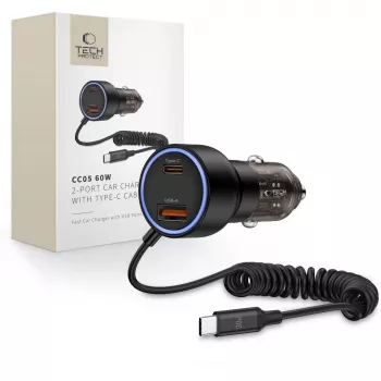 TECH-PROTECT CC05 2 portos autós töltő PD 60W + kábel, fekete