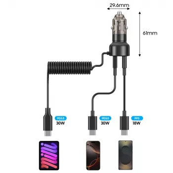 TECH-PROTECT CC05 2 portos autós töltő PD 60W + kábel, fekete