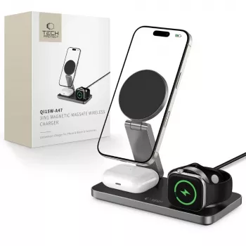 TECH-PROTECT QI15W-A47 3 az 1-ben mágneses MagSafe vezeték nélküli töltő fekete