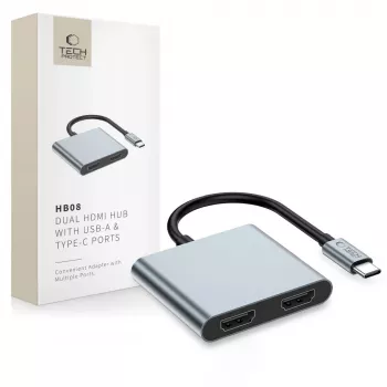 TECH-PROTECT HB08 hub adapter 4 az 1-ben USB-C + USB 2.0 + 2x HDMI 4K 60Hz space grey