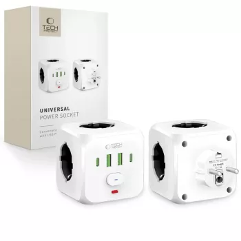TECH-PROTECT PCL3X4 elosztó 3 Schuko-aljzat 2 USB-A 2 USB-C 2 m fehér