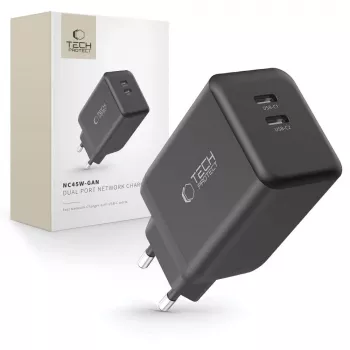 TECH-PROTECT NC45W-GAN 2 portos hálózati töltő PD 45W fekete