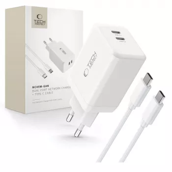 TECH-PROTECT NC45W-GAN 2 portos hálózati töltő PD 45W + USB-C kábel fehér