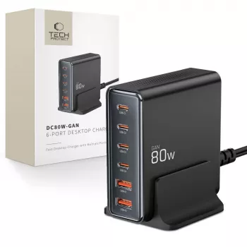 Tech-Protect DC80W-GAN 6-PORT GaN 80W USB-C töltő fekete