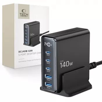 TECH-PROTECT DC140W-GAN 5 portos asztali töltő PD 140W / QC3.0 fekete