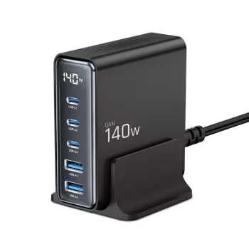 TECH-PROTECT DC140W-GAN 5 portos asztali töltő PD 140W / QC3.0 fekete