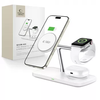 TECH-PROTECT QI15W-A45 3 az 1-ben mágneses MagSafe vezeték nélküli töltő fehér