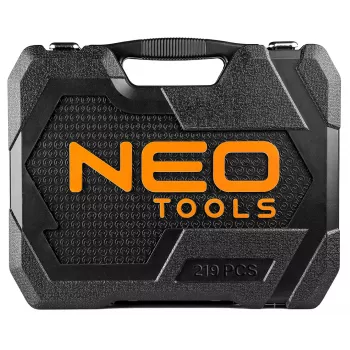 NEO TOOLS Steckschlüsselsatz 1/4 inch, 3/8 inch, 1/2 inch hajtás, 219 részes, króm-vanádium acél