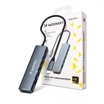WOZINSKY WHBC10Y4S USB-C hub 6 az 1-ben multifunkciós alumínium 15 cm kábellel - szürke