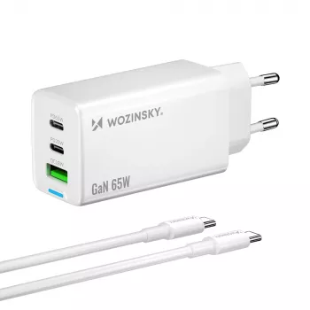 Wozinsky GaN 65W töltő USB-A és 2x USB-C csatlakozóval és USB-C kábellel 65W – fehér