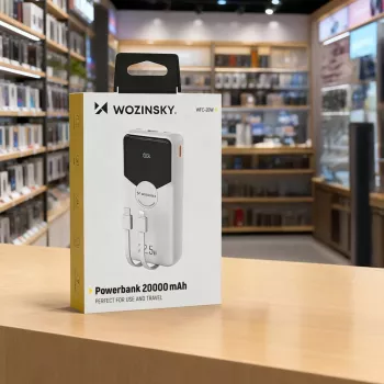 Wozinsky WFC-15W powerbank 20000mAh 22.5W PD20W beépített Lightning és USB-C kábelekkel – fehér