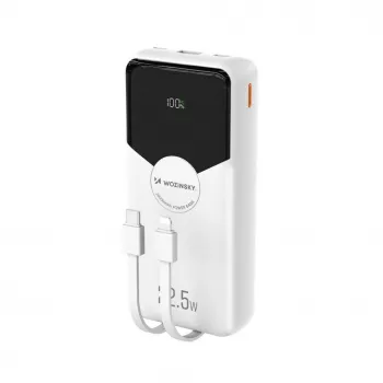Wozinsky WFC-15W powerbank 20000mAh 22.5W PD20W beépített Lightning és USB-C kábelekkel – fehér
