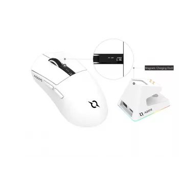 AQIRYS Zephyr vezeték nélküli gamer egér, 2,4 GHz + Bluetooth, 26000 DPI, fehér