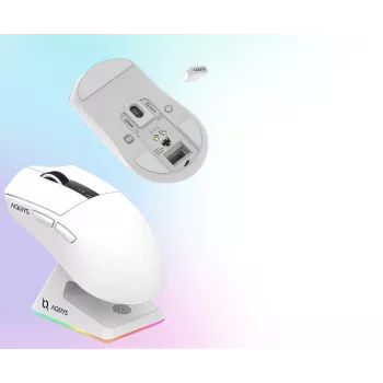 AQIRYS Zephyr vezeték nélküli gamer egér, 2,4 GHz + Bluetooth, 26000 DPI, fehér