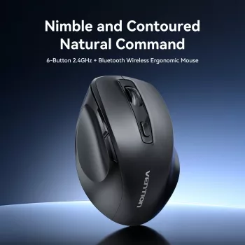 Vention KTMB0 Dual-Mode 2.4GHz + Bluetooth 5.1 vezeték nélküli optikai egér, 6 gomb, 800-2400 DPI, fekete
