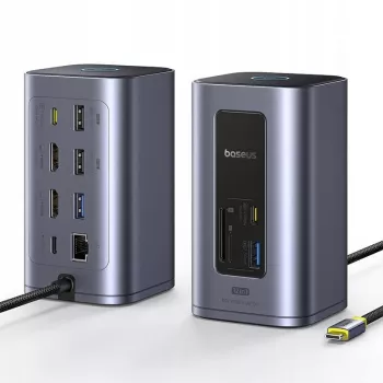 Baseus Air Spacemate 12-in-1 USB-C hub, 2x HDMI 4K@60Hz, 2x USB-C 10Gbps, 2x USB-A 5Gbps, 2x USB-A 480Mbps, RJ45, SD/microSD, USB-C PD, szürke