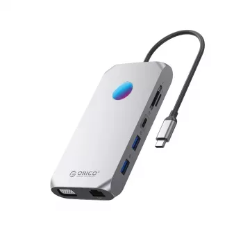 ORICO XCR 12 az 1-ben USB-C dokkoló RGB-vel, 3x USB-A 3.1, 1x USB-A 2.0, 1x USB-C PD 100W, 1x USB-C 3.1, 1x HDMI 1.4 4K 30Hz, 1x VGA 1080p, 1x microSD/SD 3.0, 1x RJ45 Gigabit Ethernet, 1x audio CTIA 3,5mm - szürke
